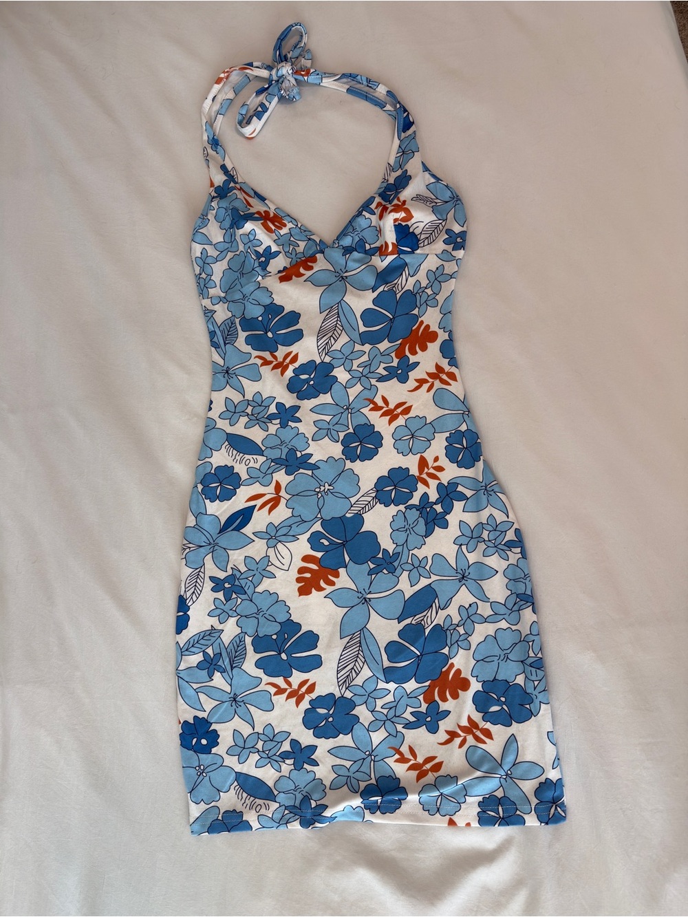SHEIN Blue and White Floral Halter Mini Dress with Orange Accents